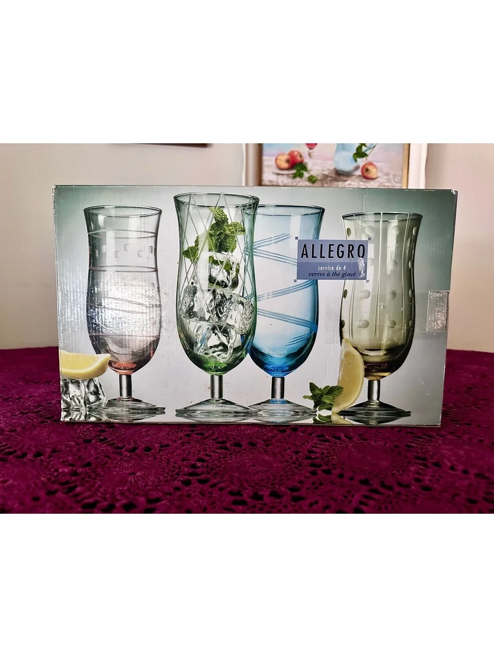 Set of 4 Allegro Iced Beverage Colored Hand-Etching Geometric Pattern Brand New